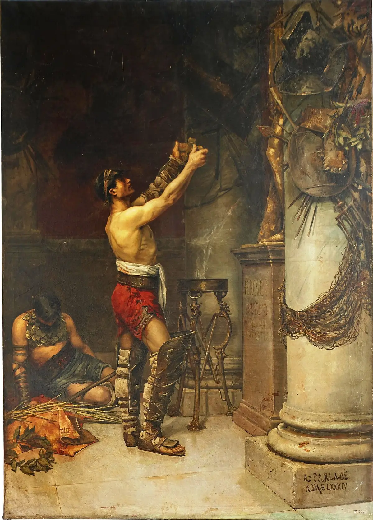 Художник Андрес Парладе (1884). Гладиатор, одержавший победу, возносит молитву перед алтарём Геракла