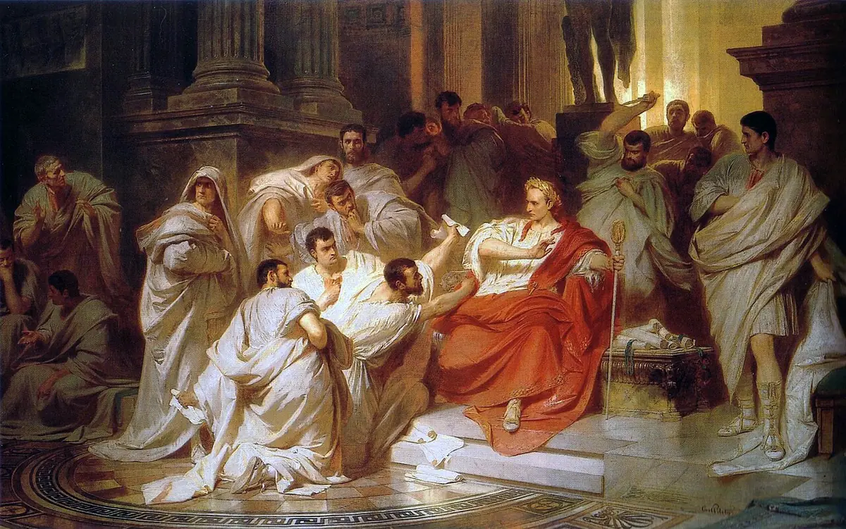 Убийство Цезаря (Карл Теодор Пилоти, 1865). Кимвр стягивает с шеи Цезаря тогу, а Каска за спиной замахивается кинжалом
