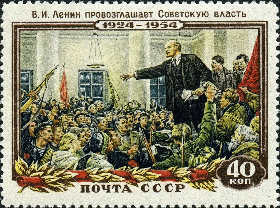Сталин на картине В. А. Серова «Ленин провозглашает Советскую власть».Марка СССР, 1954 год