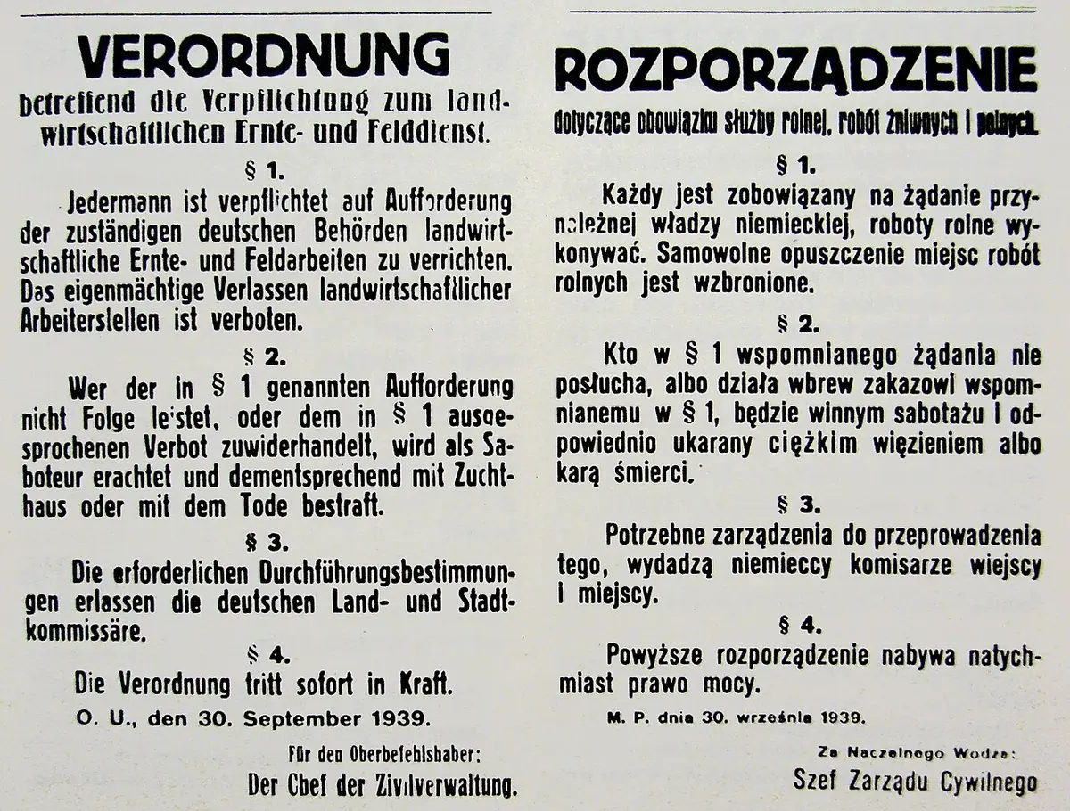 Немецкий приказ от 30 сентября 1939 года о смертной казни за отказ от участия в работах по уборке урожая